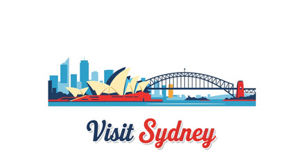 Obraz premium Stylized the sydney skyline with the opera house and harbour bridge, featuring the text visit sydney and