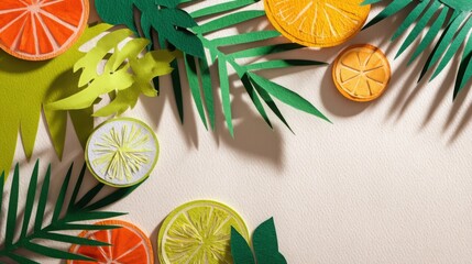 Handmade collage with paper cutouts of palm leaves and citrus slices, vivid summer palette, sunlight and soft shadows, natural textures, space