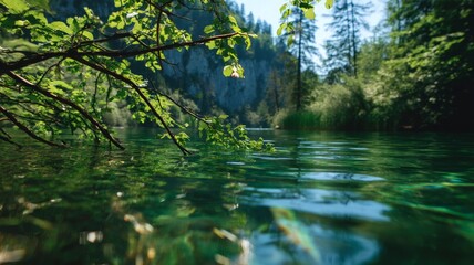 Serene lake with overhanging trees in sunlit forest. AI image