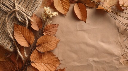 Handmade composition with dried autumn leaves, kraft paper and twine, warm orange and brown palette, natural texture, golden hour lighting, space