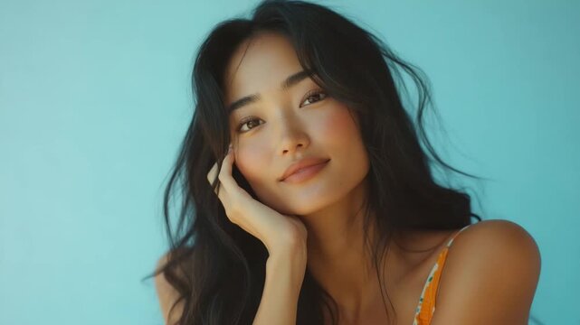 Asian woman with long wavy hair, resting their hand on their cheek, set against a solid light blue background