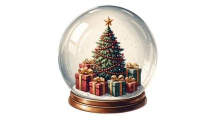 A festive Christmas tree adorned with lights and ornaments sits inside a snow globe surrounded by wrapped presents.