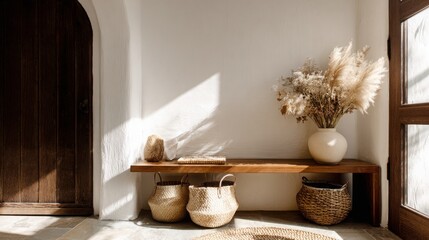 Handmade entryway with wooden bench, woven baskets, ceramic vase with dried grass, minimalist decor, sunlight filtering through door, cozy warm