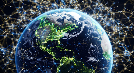 Fototapeta premium Connected World A Network of Data Across Continents, Illustrating Global Communication and Technology