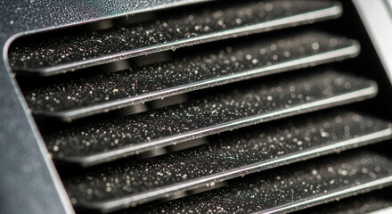 A striking macro photograph captures a close-up of a ventilation grille, likely from a car dashboard or an electronic device. The horizontal dark gray or black louvers are heavily coated with a thick 