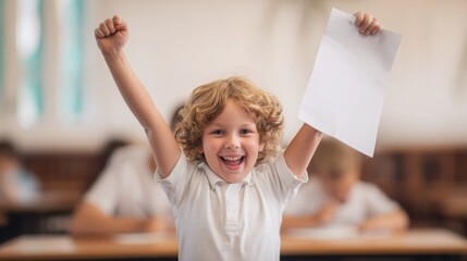 happy child raising arms in excitement while holding a test paper with a good grade, classroom background slightly blurred