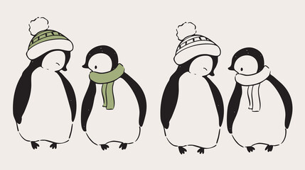 Penguins in cozy scarves and hats adorable winter illustration for holiday cards.