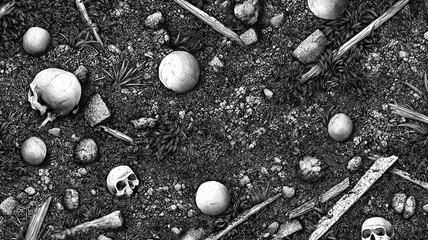 Eerie skull-laden terrain with crosses and stones. AI image