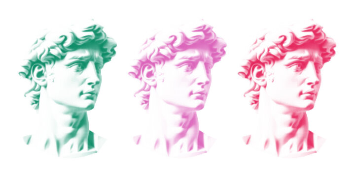 Halftone vector illustration of a classical marble bust. Vintage engraving style with black dot pattern on white background. Perfect for poster design, retro art, printmaking, or modern collage