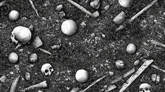 Eerie skull-laden terrain with crosses and stones. AI image