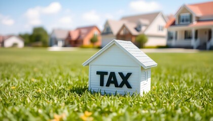 Miniature house with the word TAX on a lawn with houses in the background.