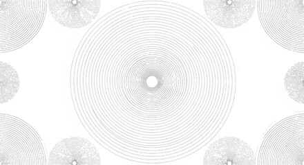 Gray and white circular pattern with concentric lines on a plain white background, creating a subtle and minimalist design.