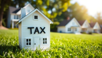 A miniature white house with the word TAX on it, sitting on a green lawn symbolizing property taxes.