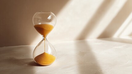 hourglass filled with golden sand standing on a white background, sunlight casting soft shadows, concept of time, wealth, and mindfulness
