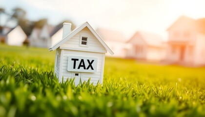 A miniature house with the word TAX displayed prominently on its front, set against a backdrop of a sunlit suburban neighborhood.