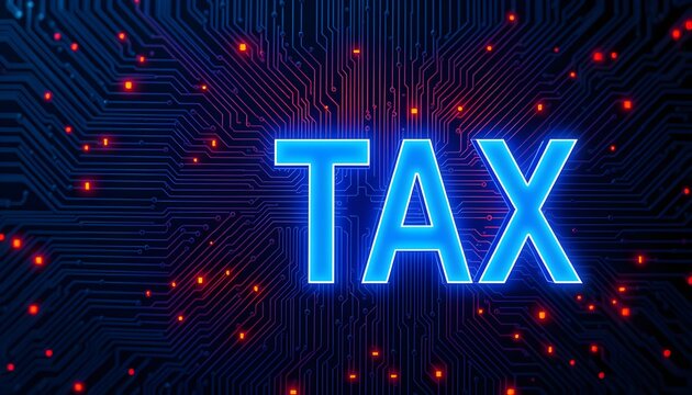 Illuminated blue word TAX on a dark background with orange glowing dots, representing digital technology.