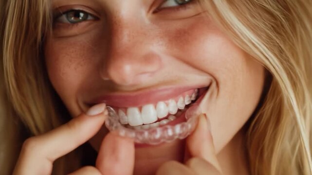 Young woman with freckles smiles and holds clear aligners to her teeth