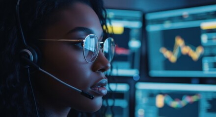 Woman monitoring financial data at a trading desk in a modern office environment during evening hours