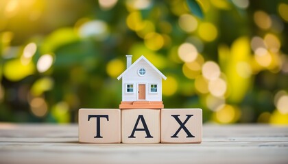 A small house model sits atop blocks spelling out the word TAX, symbolizing property taxes.