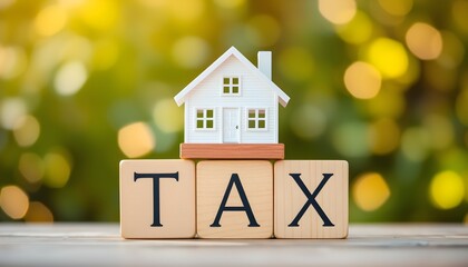 House tax concept: Miniature house on wooden blocks spelling TAX.