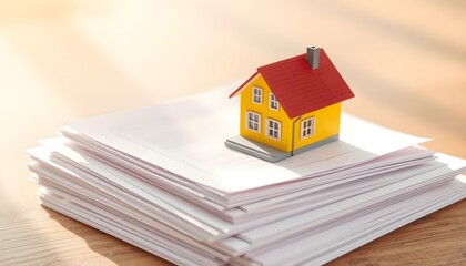 A small model of a yellow house with a red roof sitting on a stack of documents, symbolizing real estate transactions.