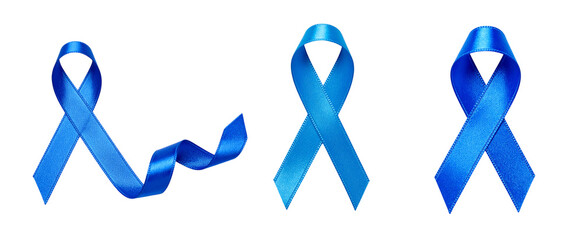 Set of Three Uniquely Designed Blue Awareness Ribbons Representing Diabetes, Prostate Cancer, Colon Cancer, and Autism Awareness Days — Isolated on Transparent Background