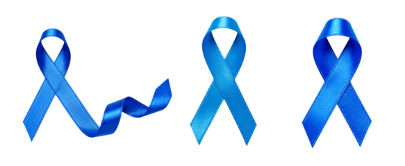 Set of Three Uniquely Designed Blue Awareness Ribbons Representing Diabetes, Prostate Cancer, Colon Cancer, and Autism Awareness Days — Isolated on Transparent Background