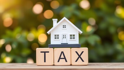 A miniature white house sits atop wooden blocks spelling out 'TAX', symbolizing property taxes.