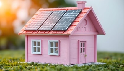A miniature pink house with solar panels on the roof, symbolizing sustainable living and renewable energy.
