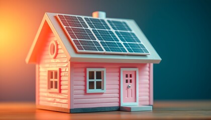 A miniature pink house model featuring solar panels on its roof, symbolizing sustainable energy and eco-friendly living with warm and cool lighting.