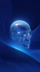humanoid peacefully drifting in outer space, transparent skull illuminated by blue and silver glow, surrounded by calm cosmic waves, clean futuristic