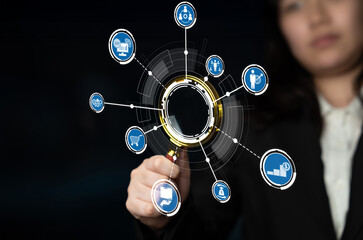 A business professional engages with virtual icons representing technology and digital innovation, showcasing the future of connectivity and strategic solutions. Crux