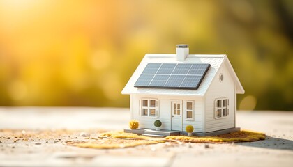 Miniature white house with solar panels on the roof, representing sustainable energy and eco-friendly living.