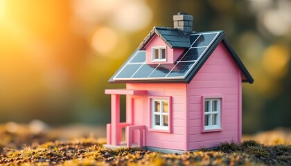 Pink toy house with solar panels on the roof, outdoors.