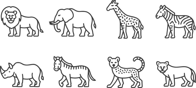 Safari animals vector outline illustration set lion elephant giraffe zebra rhino
