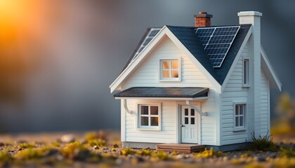 A charming white house with solar panels on the roof, set in a natural environment.