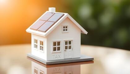 Miniature house with solar panels on the roof.