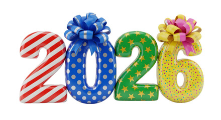 Festive 2026 numbers decorated with colorful bows and patterns isolated on transparent background