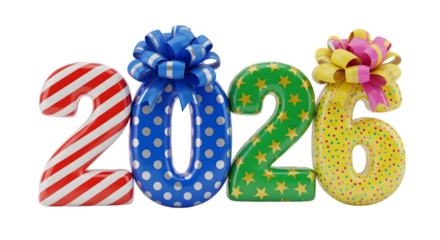 Festive 2026 numbers decorated with colorful bows and patterns isolated on transparent background