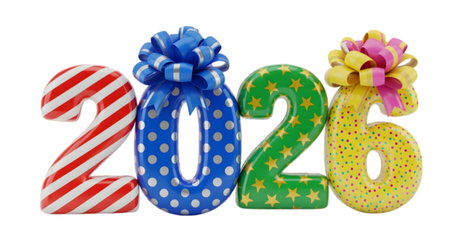 Festive 2026 numbers decorated with colorful bows and patterns isolated on transparent background