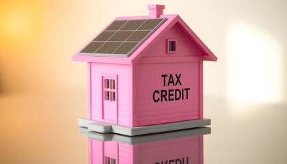 A pink miniature house with solar panels on the roof and the words "TAX CREDIT" written on its side.