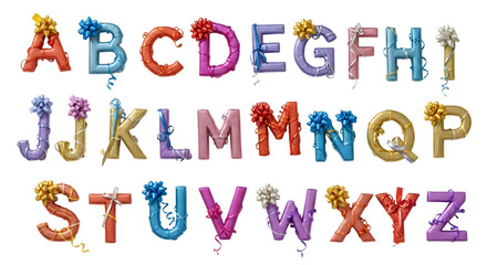 Colorful alphabet letters made of balloons with ribbons and bows isolated on transparent background