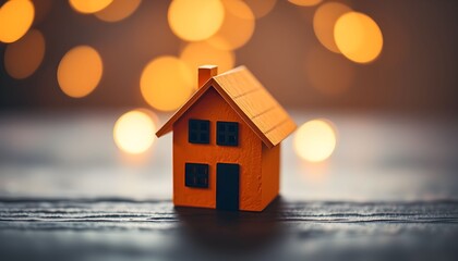 Miniature house on a table with blurred lights in the background.