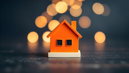 A small orange model house sits on a dark surface with glowing bokeh lights in the background.