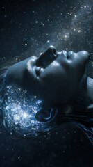 humanoid sleeper floating among cold stars, visible glowing brain with silver blue energy, subtle reflections of cosmic dust, high tech serenity