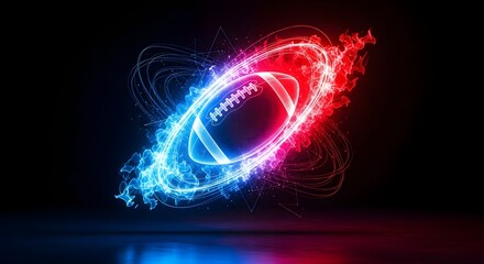 Dynamic glowing football with vibrant red and blue neon energy trails and light effects