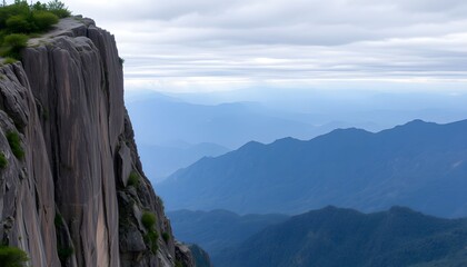 Dramatic view of a towering cliff face with distant mountain ranges under a cloudy sky.