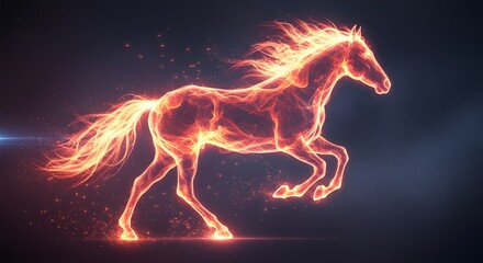 Abstract fiery horse in full gallop, a vibrant light display of powerful energy and dynamic movement