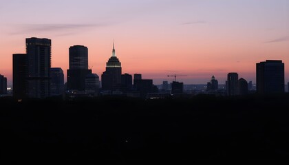 Atlanta skyline at dusk with a colorful sky and silhouetted buildings.