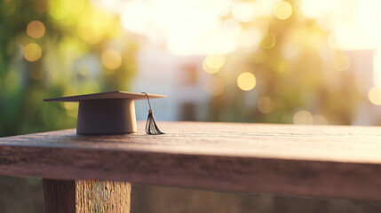 scholarship. A graduation cap resting on a wooden bench, symbolizing academic success with a soft background. wellbeing guides.
